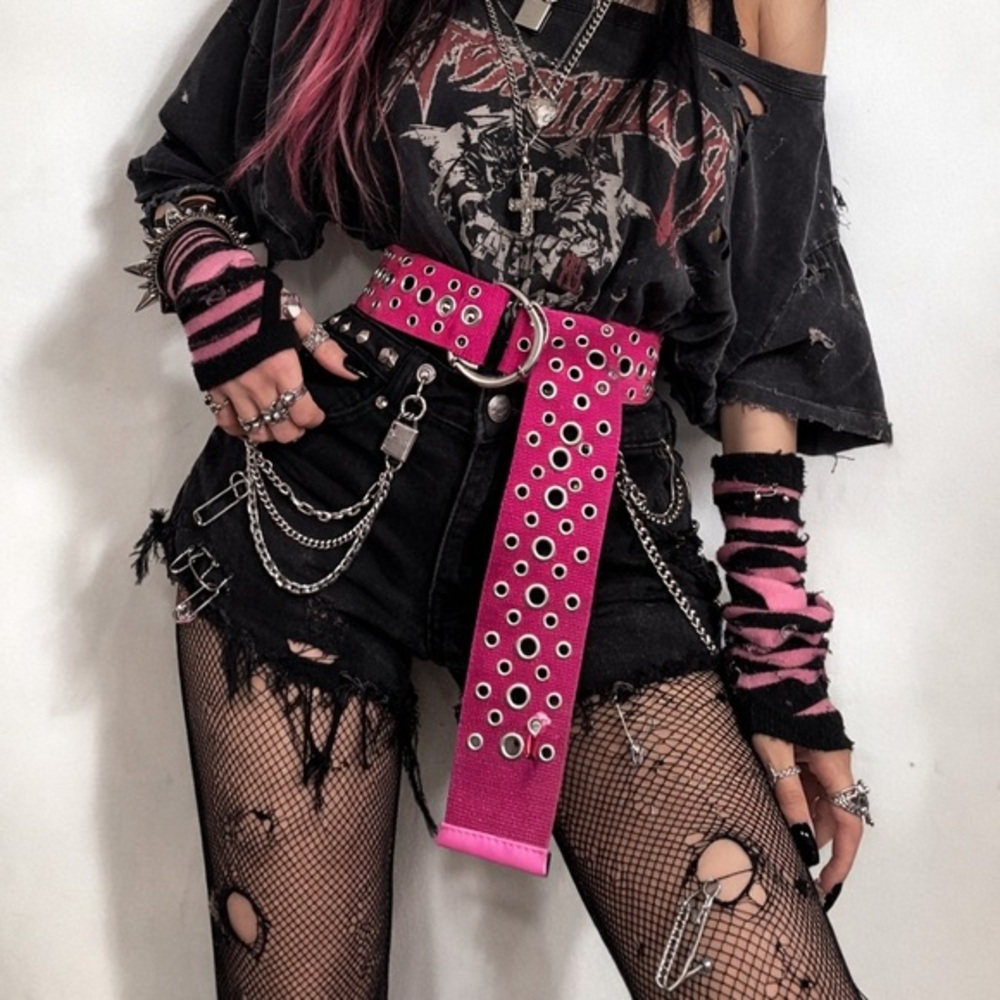 Hot Pink Grommet Belt Y2K Wide Canvas Silver D Ring Statement Punk Scene Goth